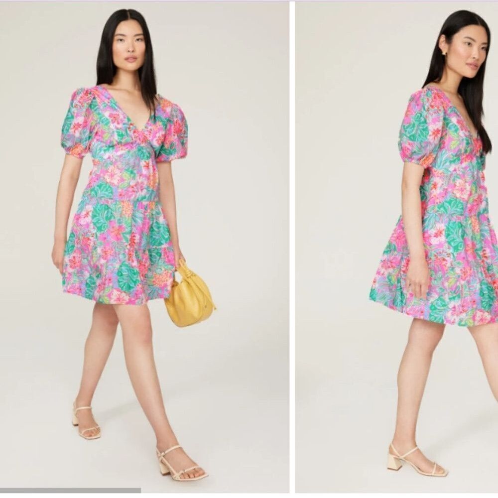 NWT Lilly Pulitzer Nalani Dress puff sleeve pink green size 16 - Picture 13 of 14